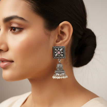 Petal Frame hanging Jhumki Earrings (Baby Pink)