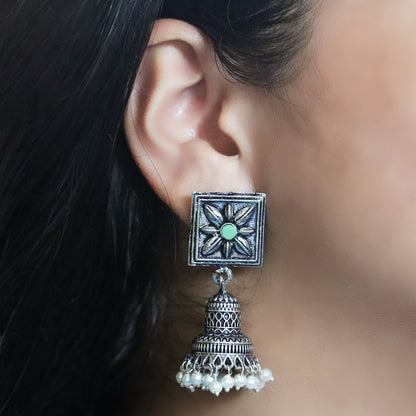 Petal Frame hanging Jhumki Earrings (Pista)