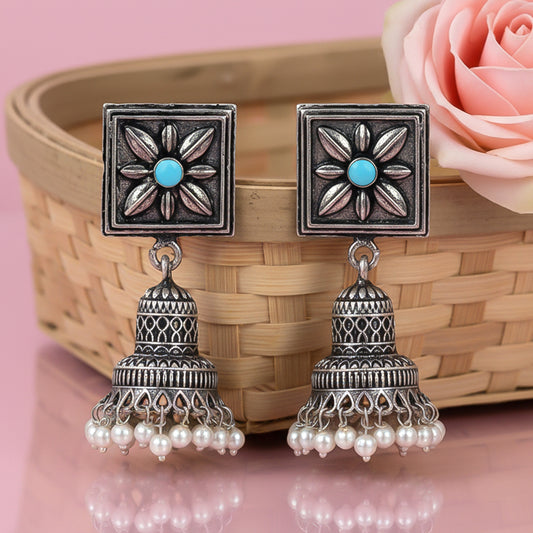 Petal Frame hanging Jhumki Earrings (Sky Blue)