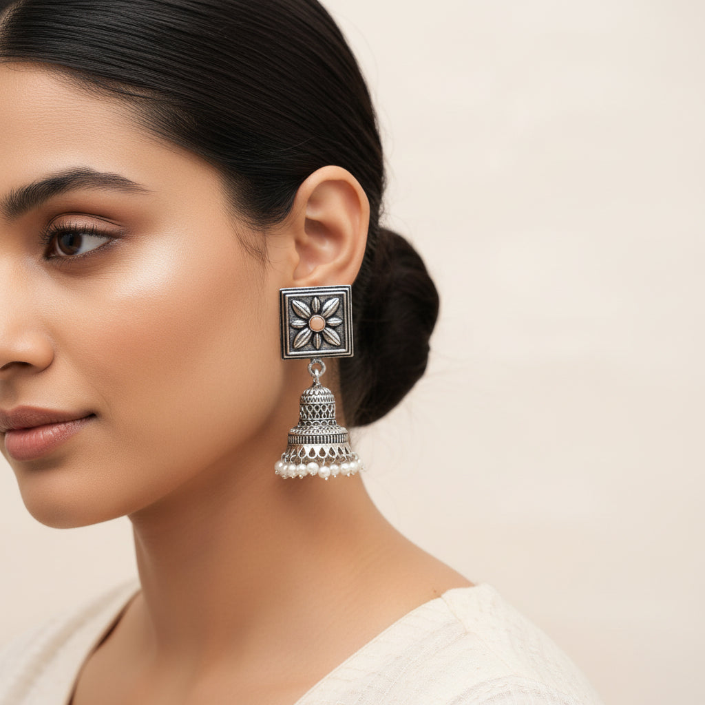 Petal Frame hanging Jhumki Earrings (Light Orange)