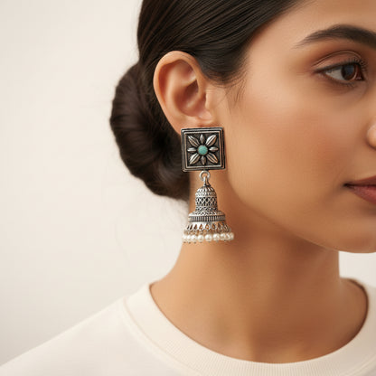 Petal Frame hanging Jhumki Earrings (Mint)