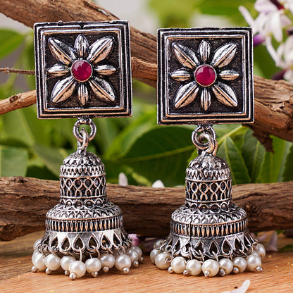 Petal Frame hanging Jhumki Earrings (Dark Red)