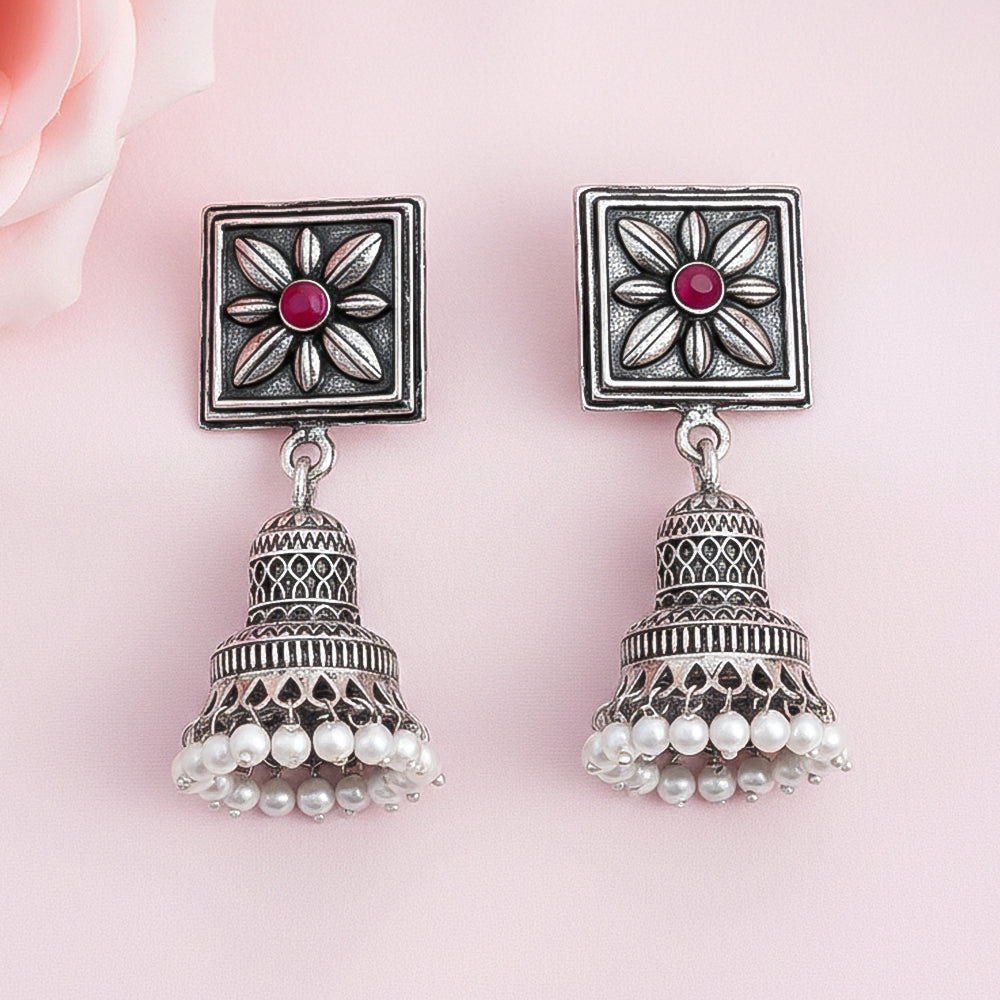 Petal Frame hanging Jhumki Earrings (Dark Red)