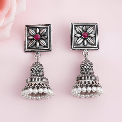 Petal Frame hanging Jhumki Earrings (Dark Red)