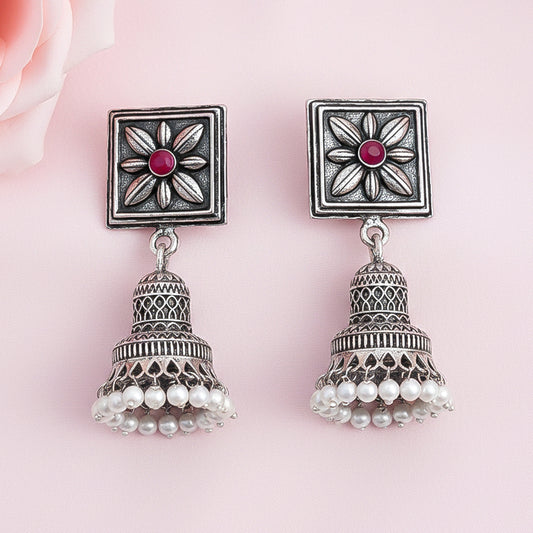 Petal Frame hanging Jhumki Earrings (Dark Red)