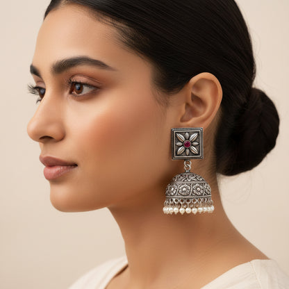 Petal Frame hanging Jhumki Earrings (Dark Red)