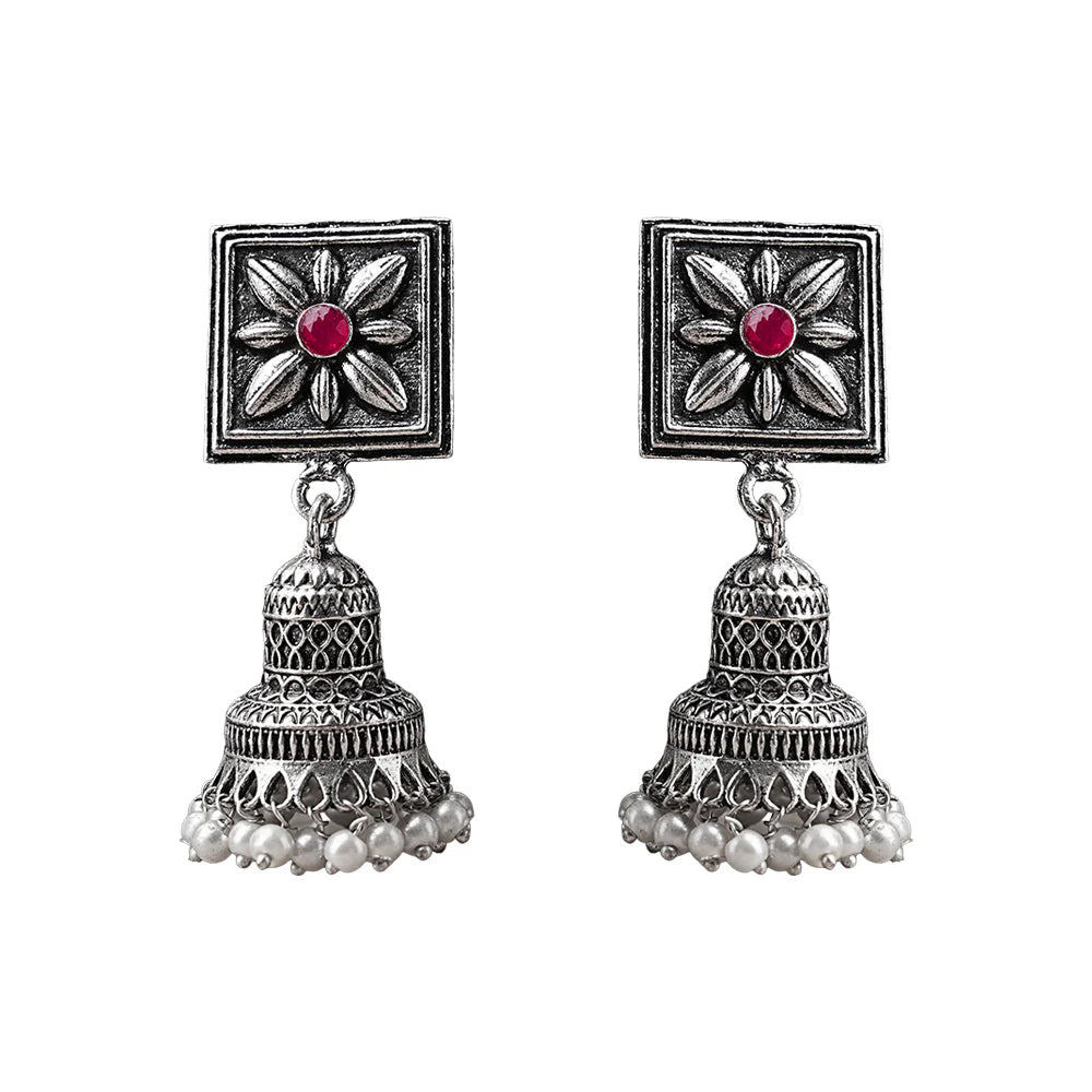 Petal Frame hanging Jhumki Earrings (Dark Red)