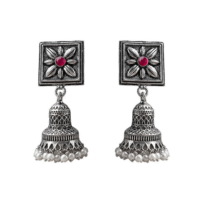 Petal Frame hanging Jhumki Earrings (Dark Red)