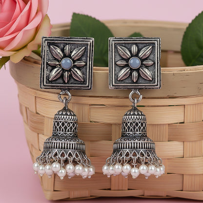 Petal Frame hanging Jhumki Earrings (Grey)