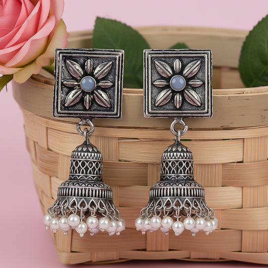 Petal Frame hanging Jhumki Earrings (Grey)