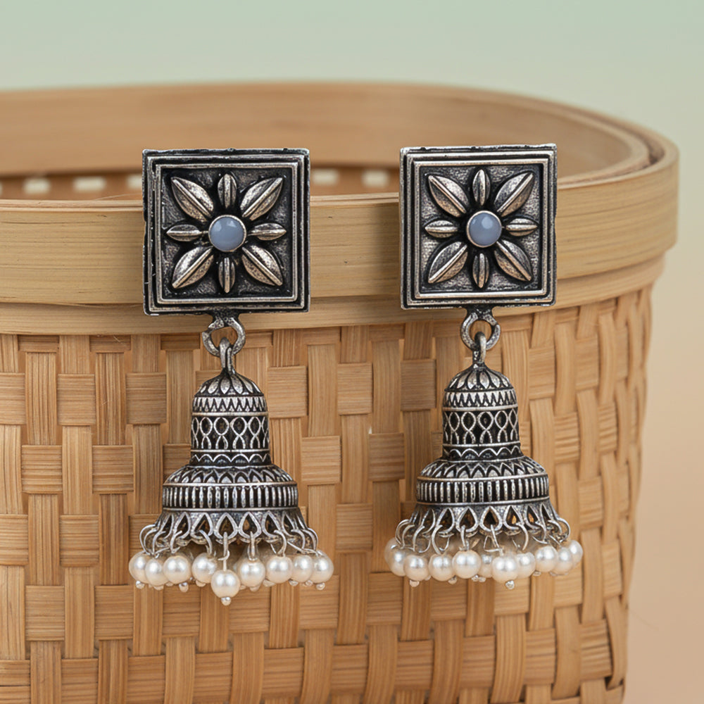 Petal Frame hanging Jhumki Earrings (Grey)
