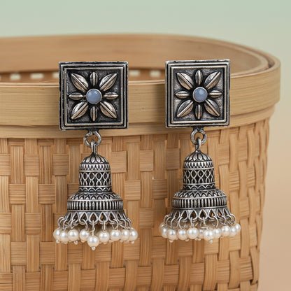Petal Frame hanging Jhumki Earrings (Grey)