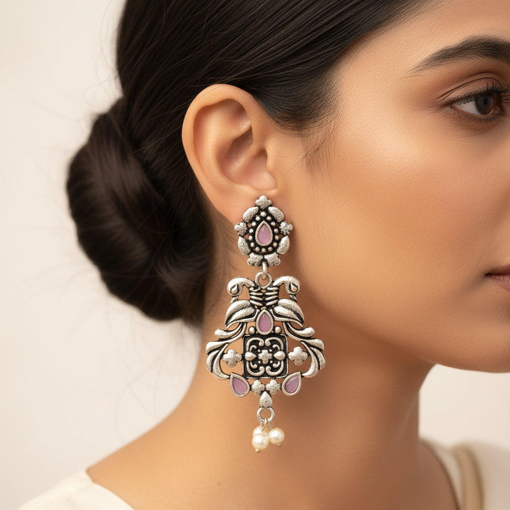 Feathered Grace dangler earrings (Baby Pink)