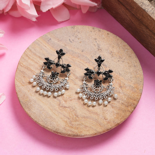 Black Stone Studded Beautiful Oxidised Danglers With Hanging Baby Pearls