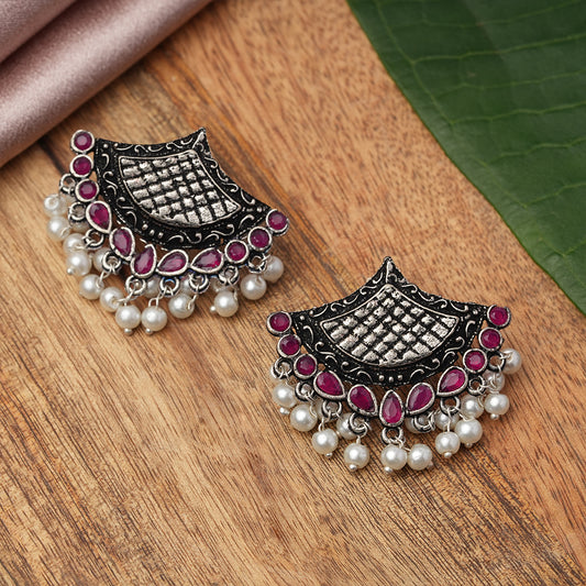 Red Stone Studded Lotus Petal Shaped Oxidised Earrings With Hanging Line Of Pearl