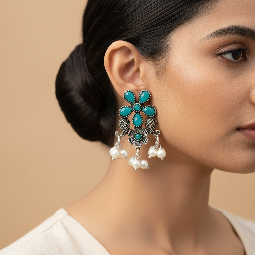 Floral Drop stud earrings (Green)