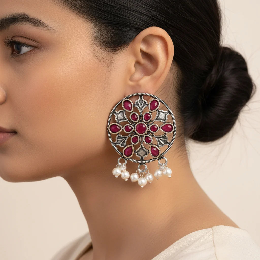 Kalash Kamal earring  Glass drops Dangler Earrings (Red) Combo set
