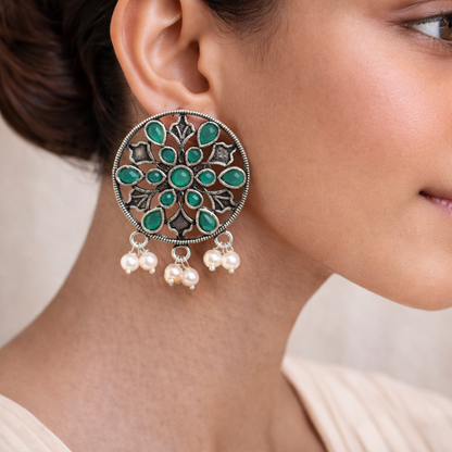 Kalash Kamal Jhumka earring (Light Orange)&Glass drops Dangler Earrings (Green) Combo set