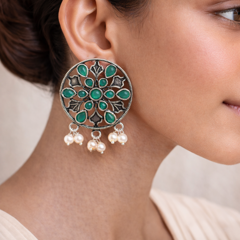 Beauty Bloom ghunghroo jhumki earring (Black)&Glass drops Dangler Earrings (Green) Combo set