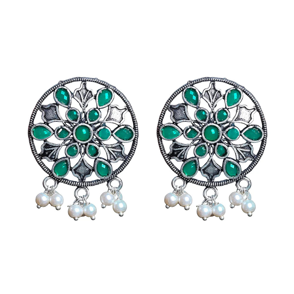 Royal Triple Bell Layered Jhumka Earring (Dark Maroon) Glass drops Dangler Earrings (Green) Combo set