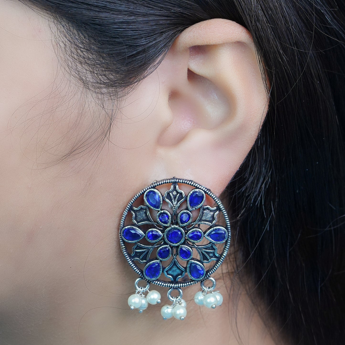 Glass drops Dangler Earrings (Blue)