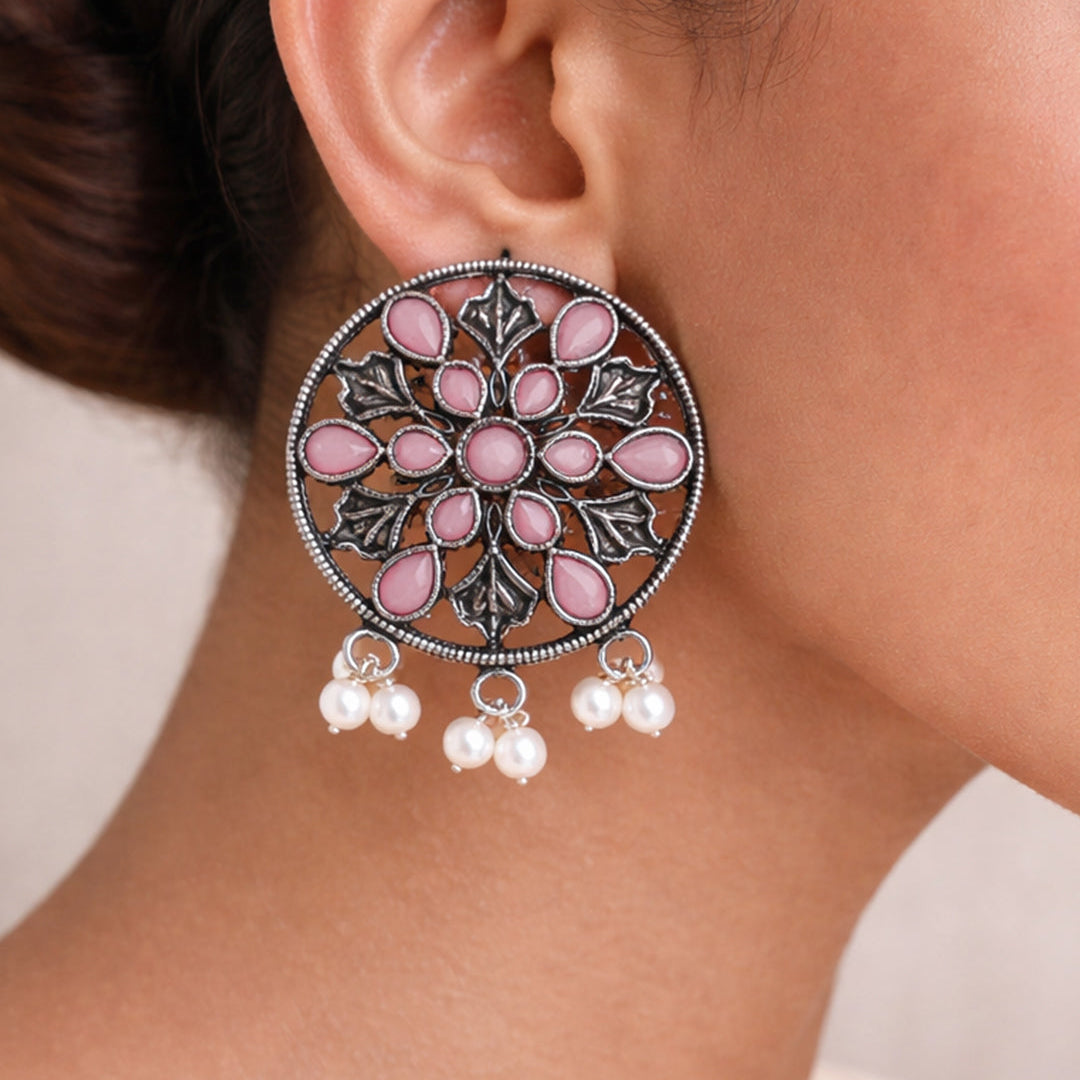 Glass drops Dangler Earrings (Baby Pink)