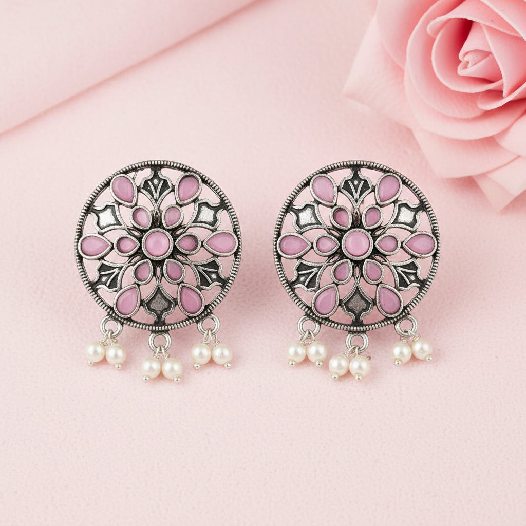 Glass drops Dangler Earrings (Baby Pink)