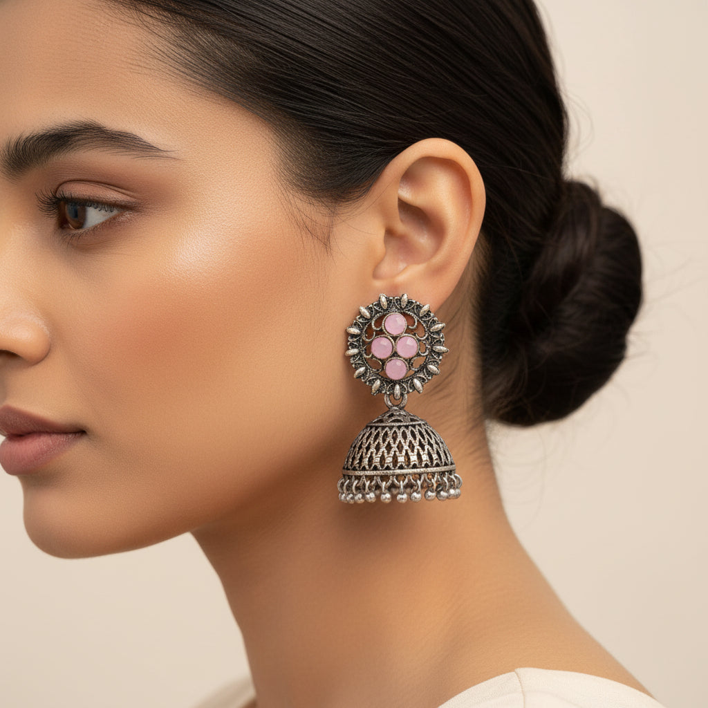 Classic chandlier Jhumka earrings (Baby Pink)