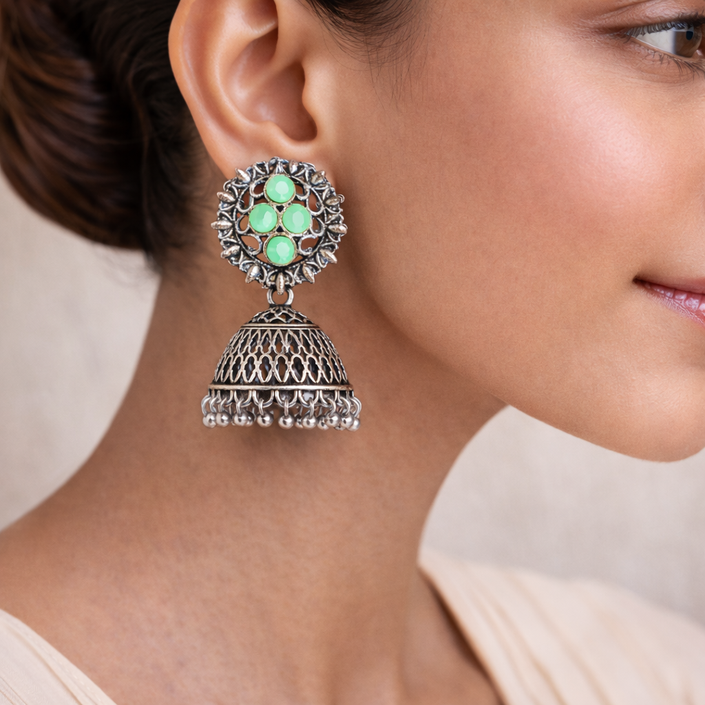 Classic chandlier Jhumka earrings (Pista)