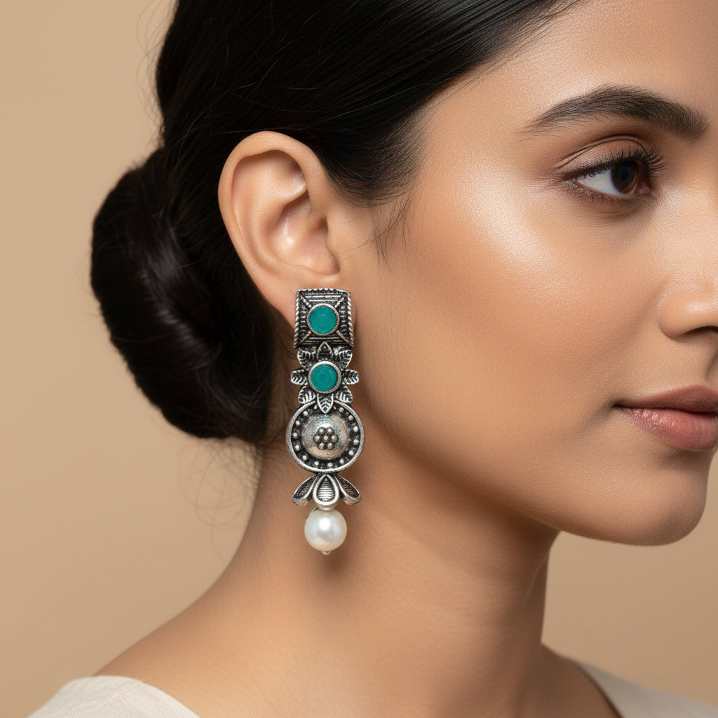 Wonderful wildflower oxidised stud earrings (Green)