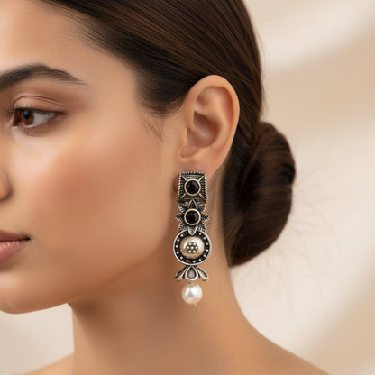 Wonderful wildflower oxidised stud earrings (Black)&Temple bells jhumki earrings (White) Combo set