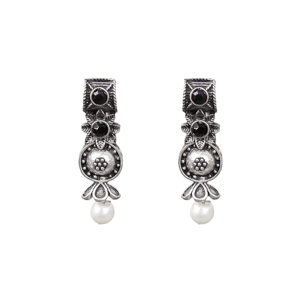 Peacock glow stone studded dangler earrings (White) Wonderful wildflower oxidised stud earrings (Black) Combo set