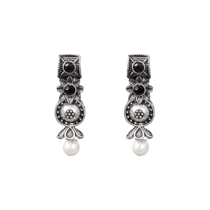 Peacock glow stone studded dangler earrings (White) Wonderful wildflower oxidised stud earrings (Black) Combo set