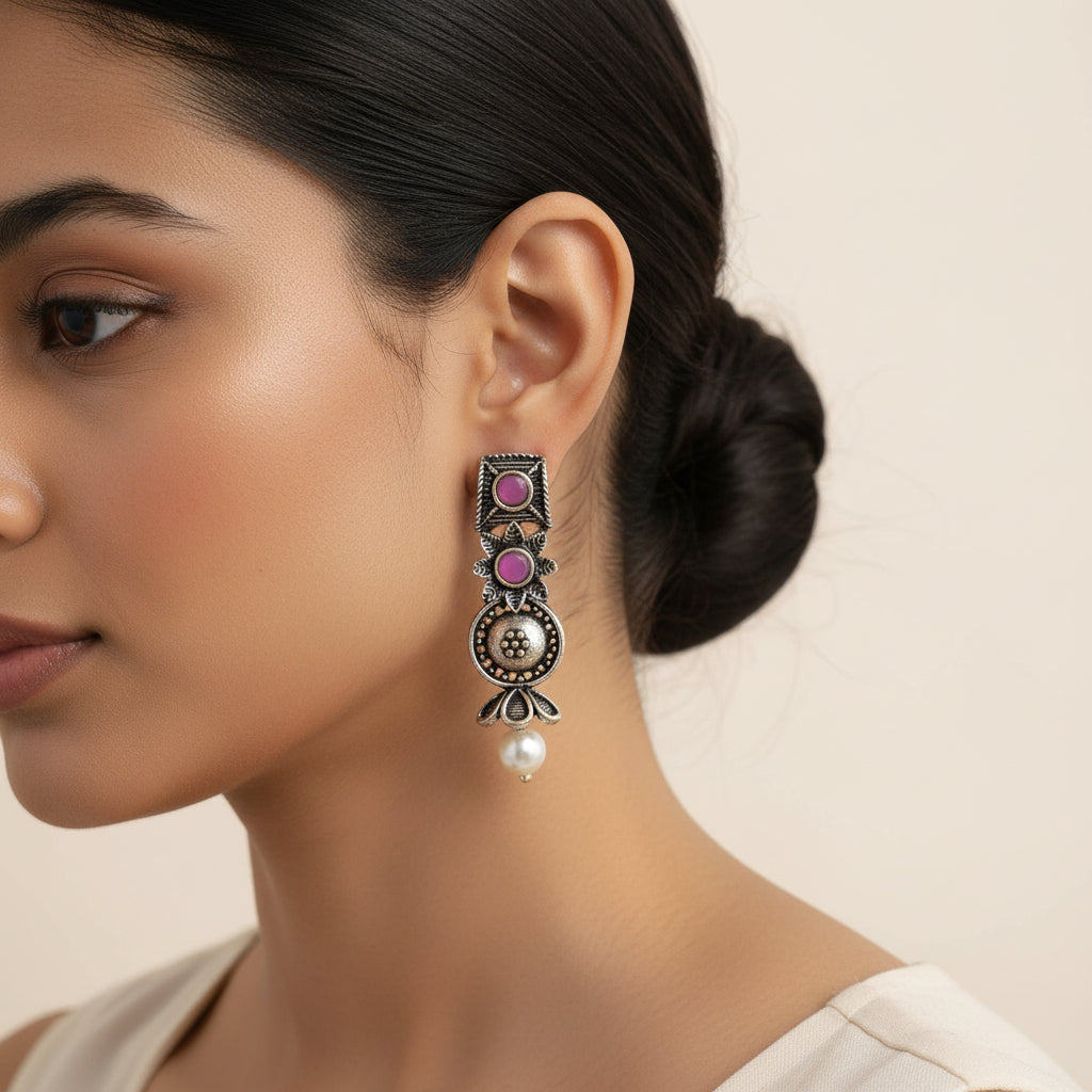 Wonderful wildflower oxidised stud earrings (Baby Pink)