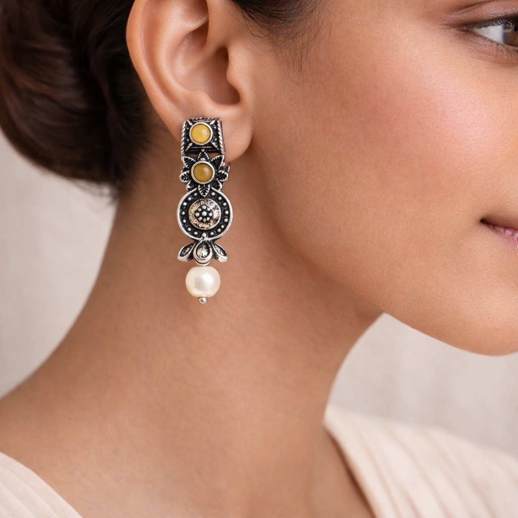 Beauty Bloom ghunghroo jhumki earring (Black)&Wonderful wildflower oxidised stud earrings (Yellow) Combo set