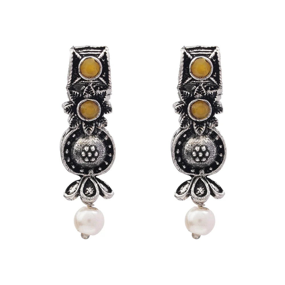 Peacock glow stone studded dangler earrings (White) Wonderful wildflower oxidised stud earrings (Yellow) Combo set