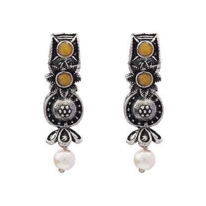 Peacock glow stone studded dangler earrings (White) Wonderful wildflower oxidised stud earrings (Yellow) Combo set