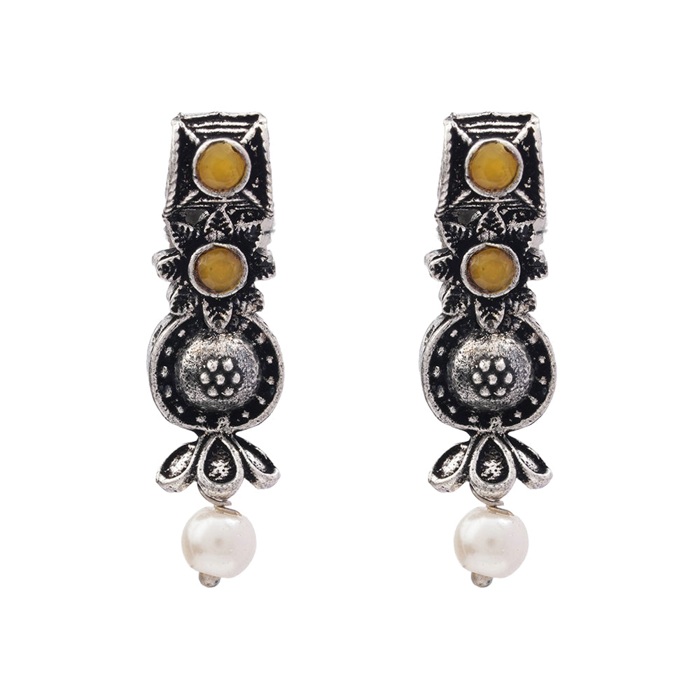 Carved Charm Dangler earrings (White) Wonderful wildflower oxidised stud earrings (Yellow) Combo set