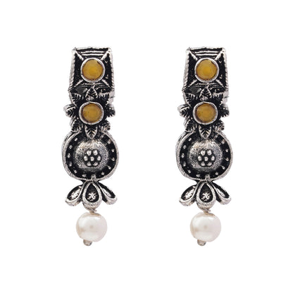 Carved Charm Dangler earrings (White) Wonderful wildflower oxidised stud earrings (Yellow) Combo set