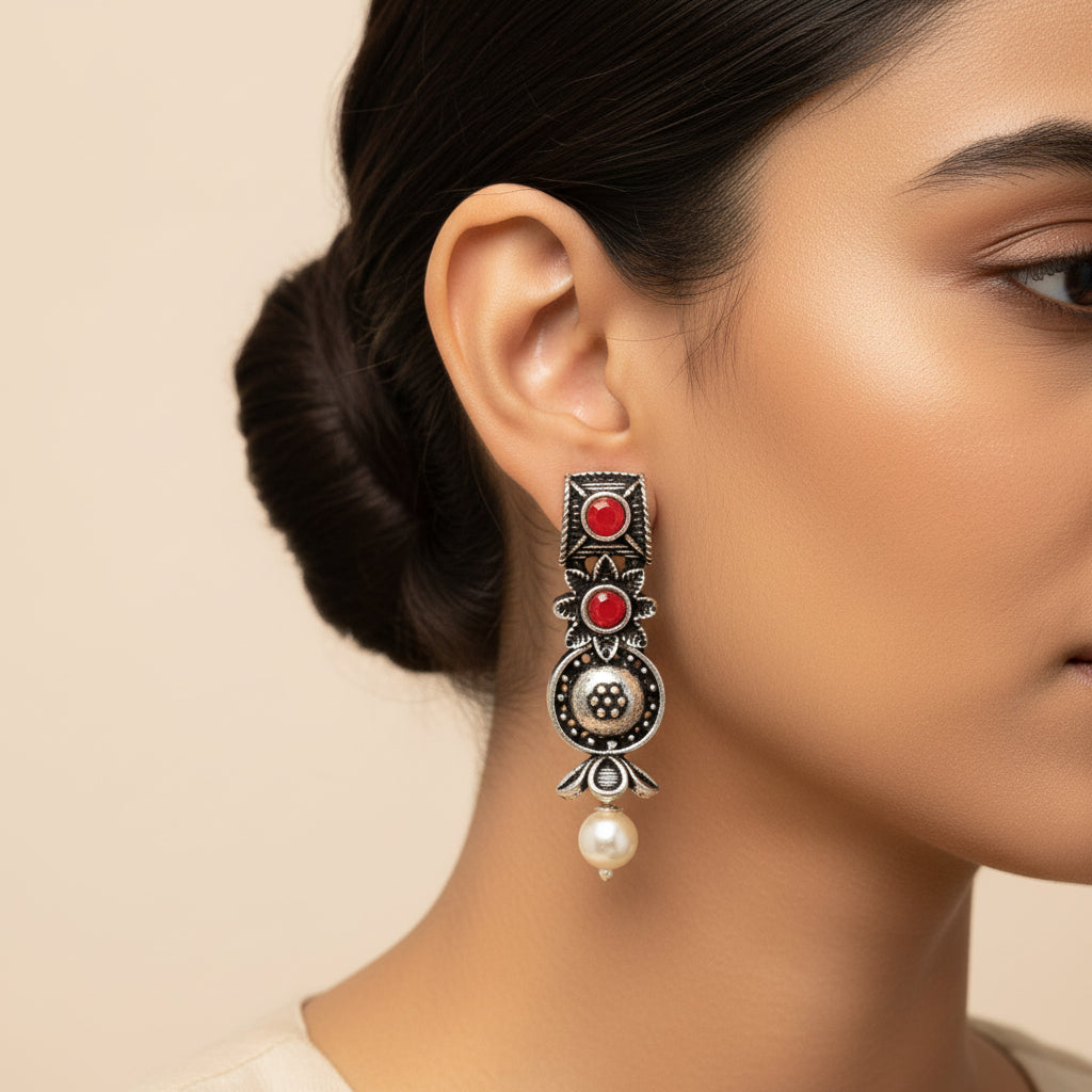 Wonderful wildflower oxidised stud earrings (Dark Red)