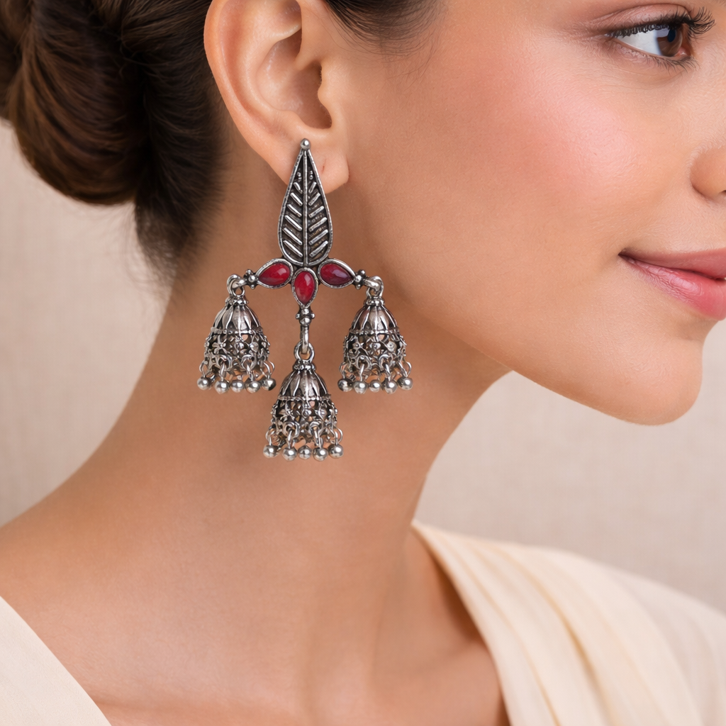 Tri-Leaf Jhumki earrings (Red)