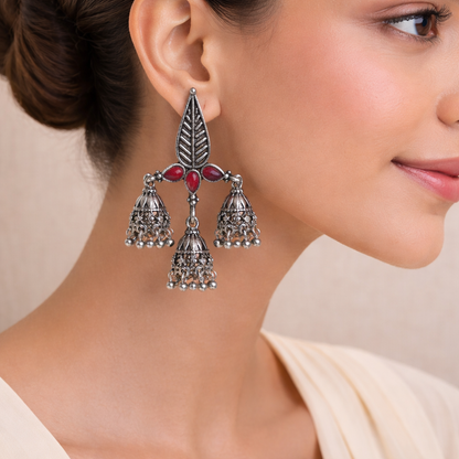Tri-Leaf Jhumki earrings (Red)
