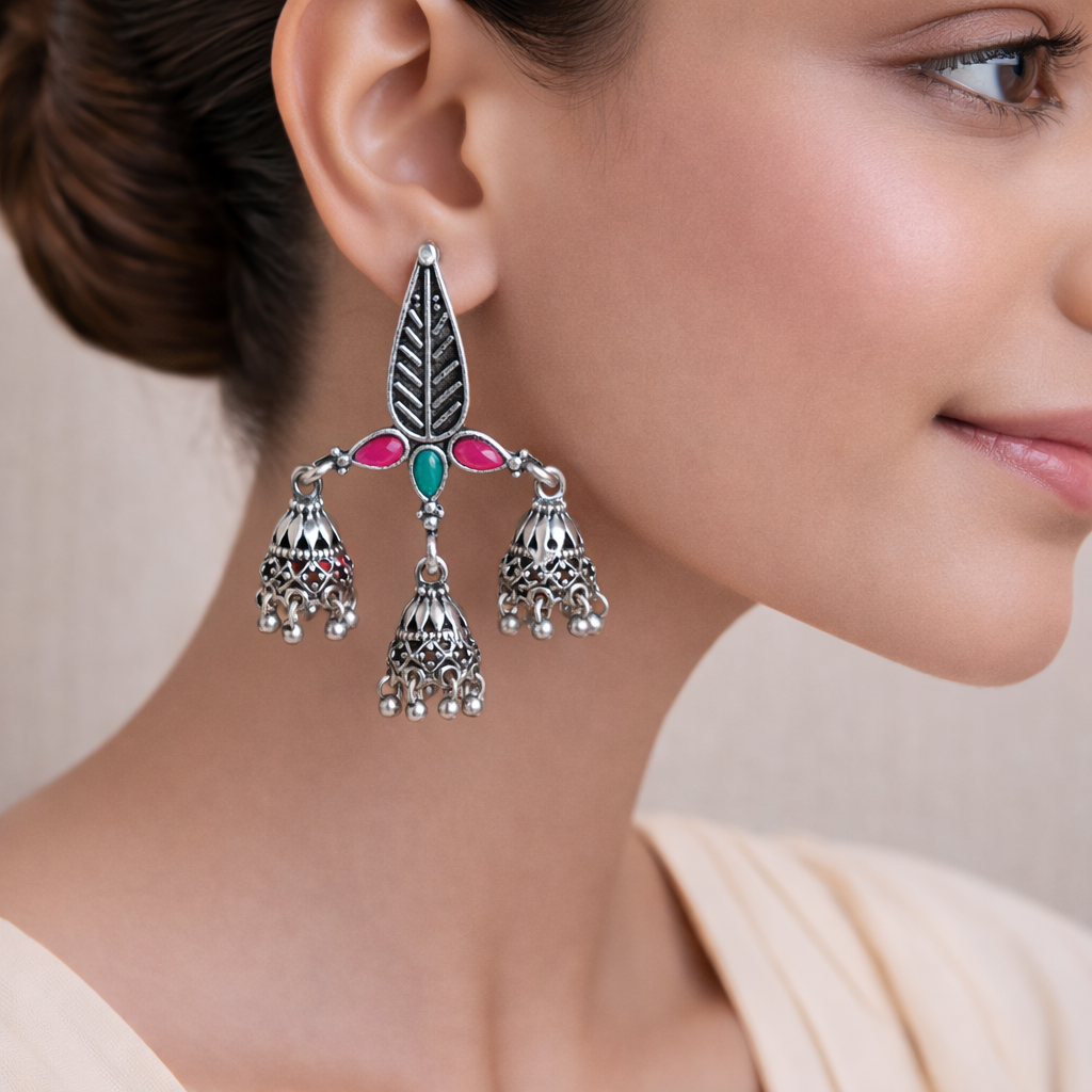 Tri-Leaf Jhumki earrings (Multicolored)