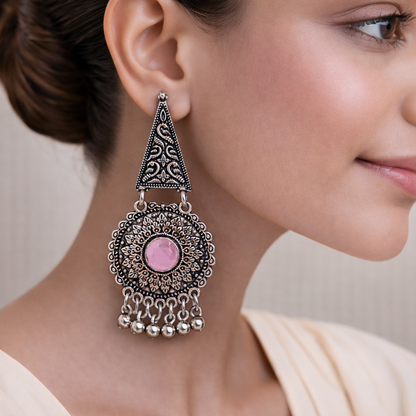 Carved Charm Dangler earrings (White) Shine Fine Dangler Earrings (Baby Pink) Combo set