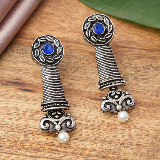 Blue Stone Studded Delicate Oxidised Earrings With Hanging Pearl