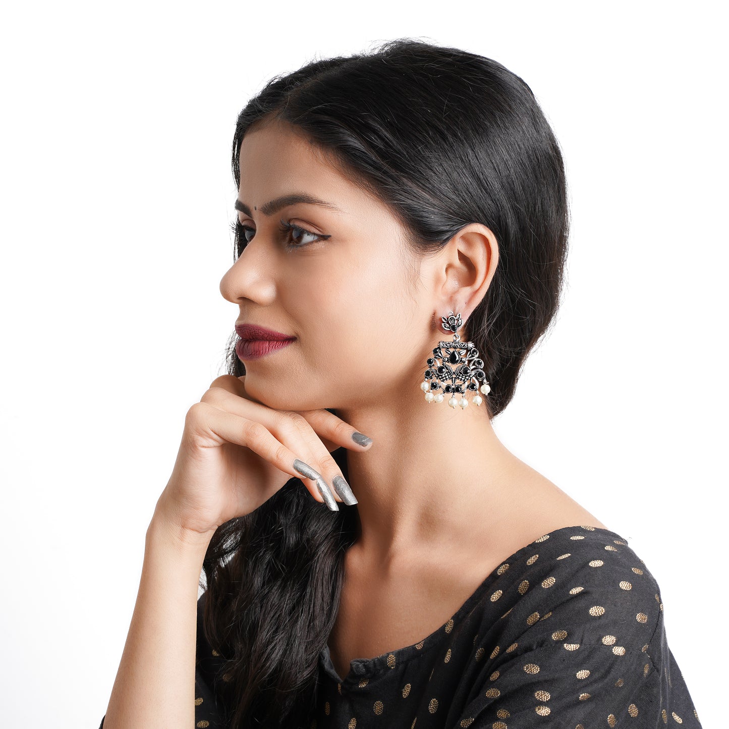 Peacock glow stone studded dangler earrings (Black)