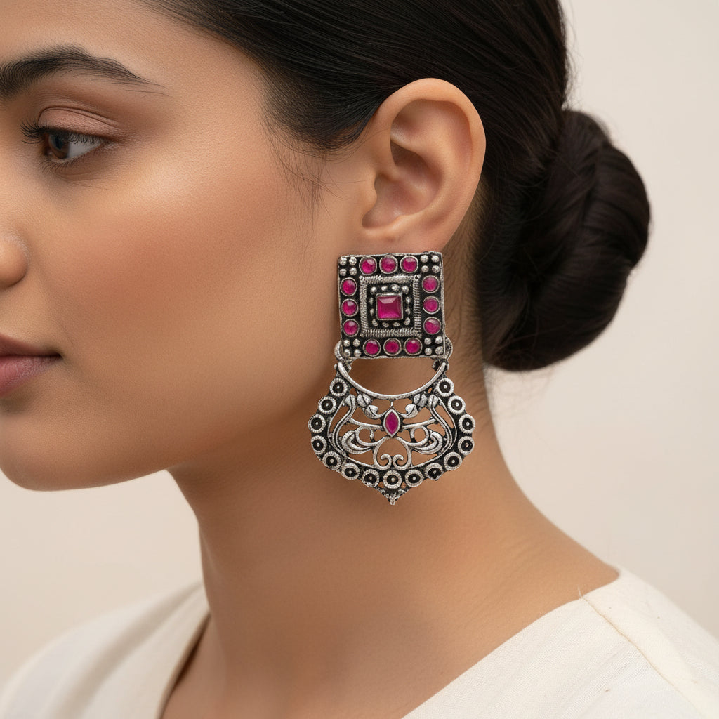 Glitter Grid Dangler Earring (Red)