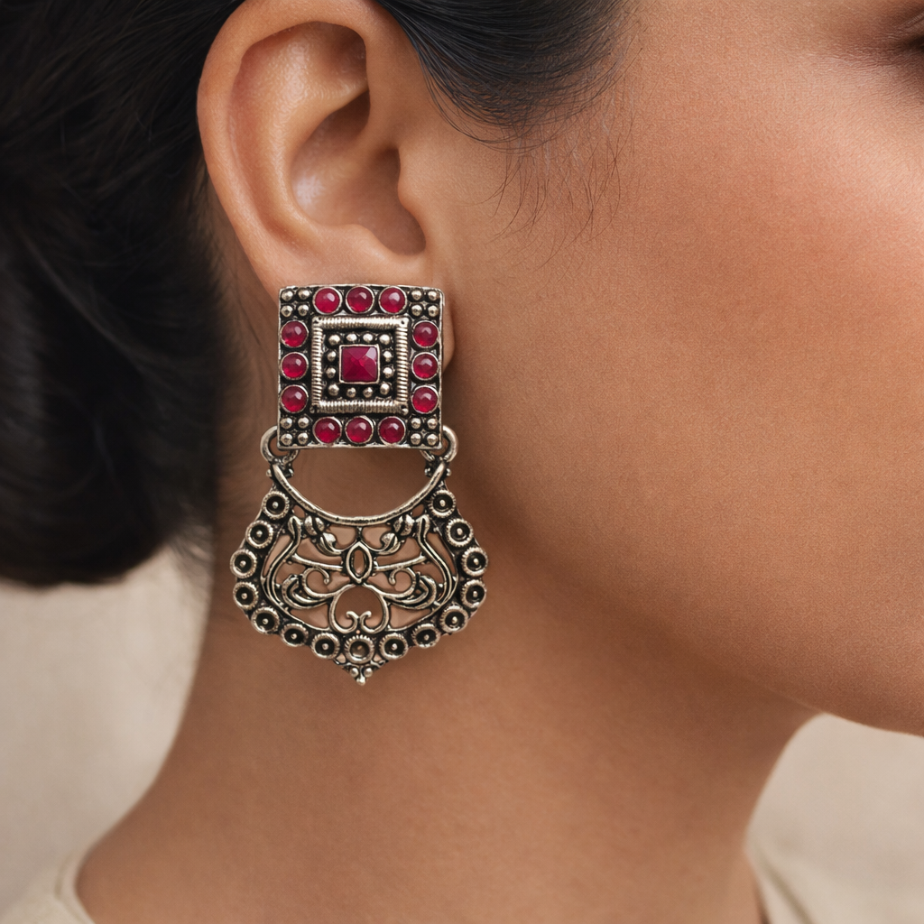 Glitter Grid Dangler Earring (Red)