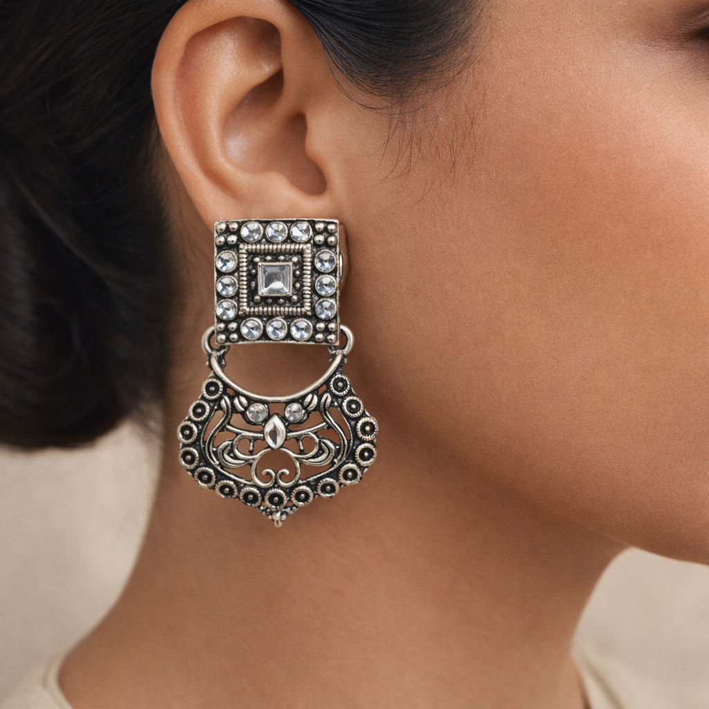 Glitter Grid Dangler Earring (White)