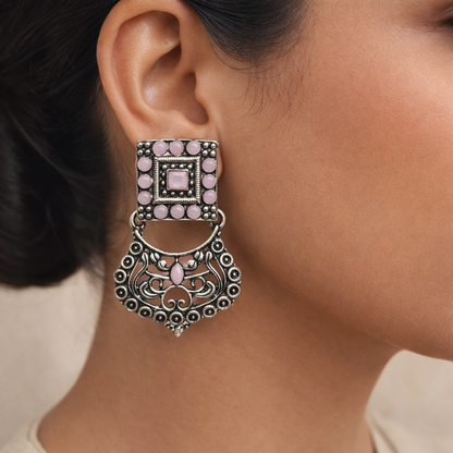 Glitter Grid Dangler Earring (Baby Pink)